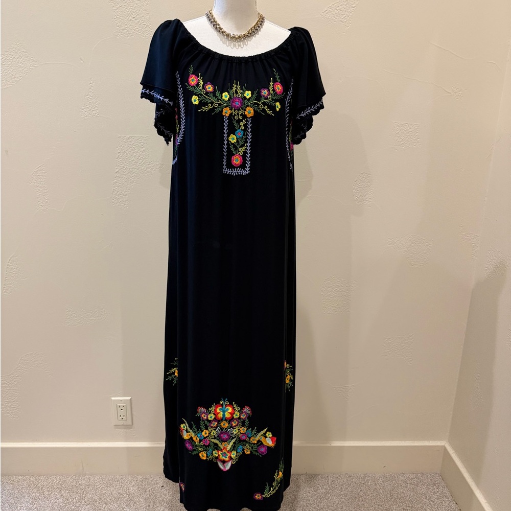 Black Embroidered Maxi Dress with Floral Motif